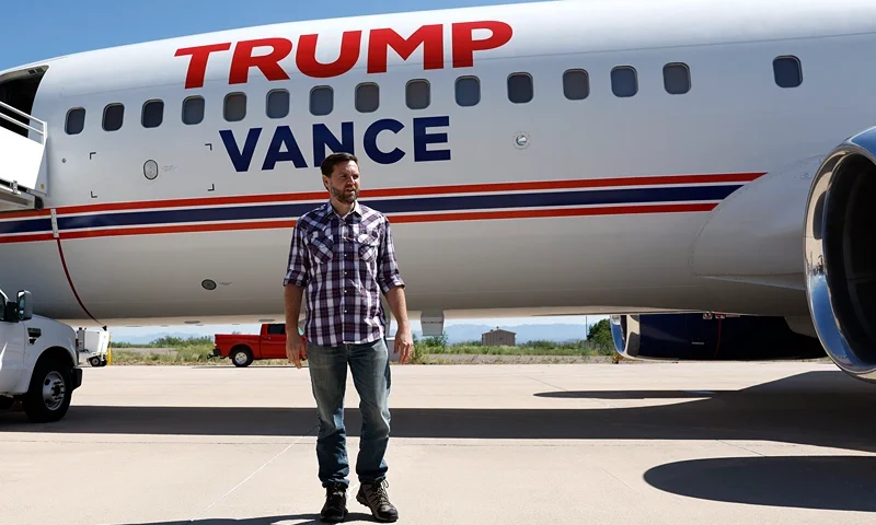 SIERRA VISTA, ARIZONA - AUGUST 01: Republican vice presidential nominee U.S. Sen. JD Vance (R-OH) boards his plane as he departs Arizona following a tour of the U.S. southern border with Mexica, on August 01, 2024 in Sierra Vista, Arizona. Vance was visiting the border on the final stop of his first visit to the Southwest as a vice presidential candidate. (Photo by Anna Moneymaker/Getty Images)
