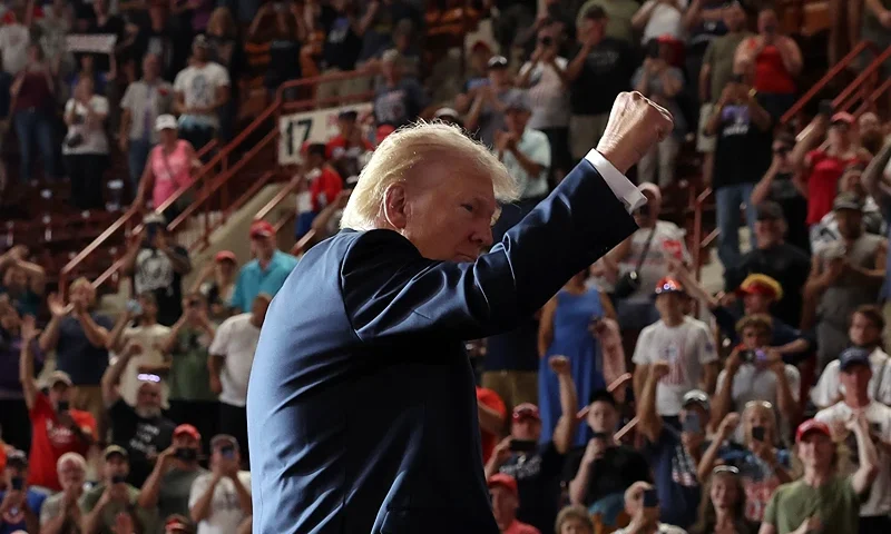 HARRISBURG, PENNSYLVANIA - JULY 31: Former President Donald Trump walks off stage at a campaign appearance on July 31, 2024 in Harrisburg, Pennsylvania. Trump is returning to Pennsylvania for the first time since the assassination attempt on lis life. Polls currently show a close race between him and Vice President Kamala Harris. (Photo by Spencer Platt/Getty Images)