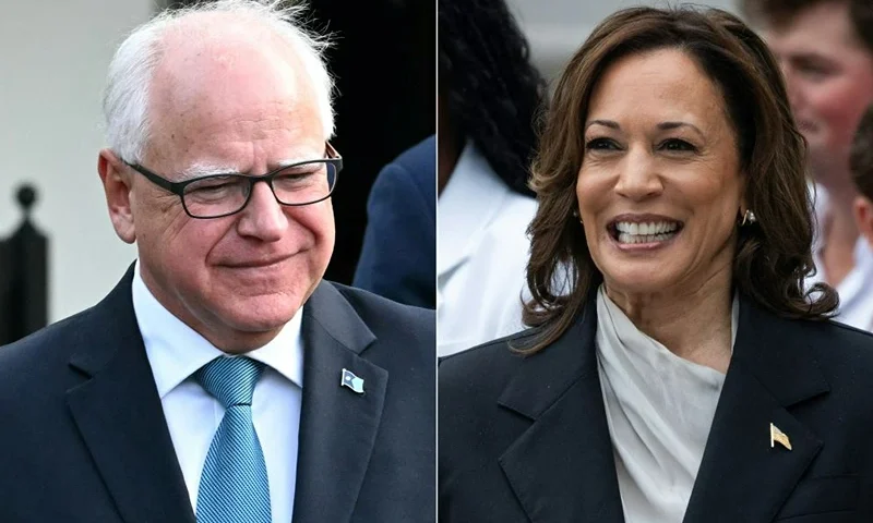 (COMBO) This combination of pictures created on August 2, 2024, shows US Vice President Kamala Harris in Washington, DC on July 22, 2024, and Governor of Minnesota Tim Walz in Washington, DC, July 3, 2024. Harris picked Walz as her running mate on August 6, 2024, US media reported, as the vice president prepares to take on Republican Donald Trump in November's US election. (Photo by Jim WATSON and Chris Kleponis / AFP) (Photo by JIM WATSONCHRIS KLEPONIS/AFP via Getty Images)