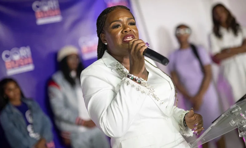 ST LOUIS, MISSOURI - AUGUST 6: U.S. Rep. Cori Bush (D-MO) delivers her concession speech during a primary election watch party at Chevre Events on August 6, 2024 in St Louis, Missouri. Bush lost Tuesday's Democratic primary to St. Louis County Prosecutor Wesley Bell. (Photo by Michael B. Thomas/Getty Images)