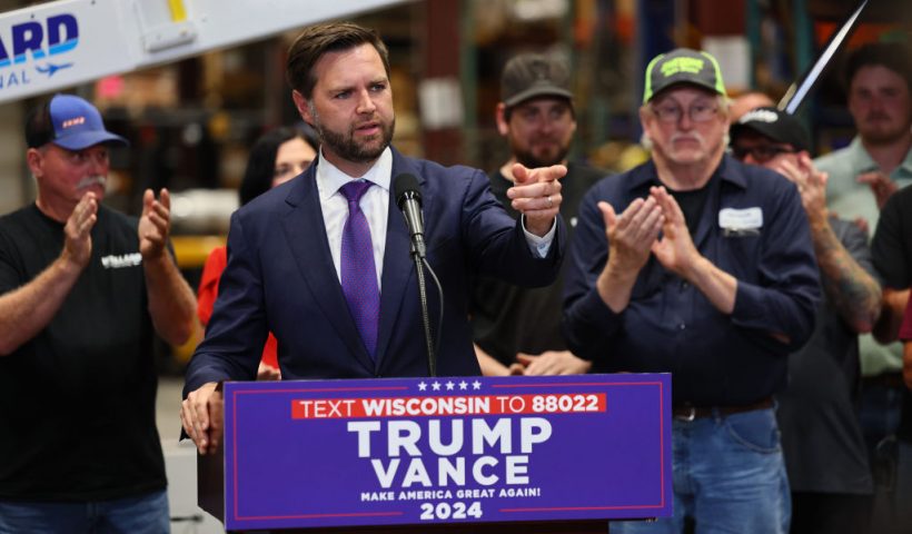 EAU CLAIRE, WI - AUGUST 07: Republican vice presidential candidate, Sen. J.D. Vance (R-OH) speaks at NMC-Wollard Inc. / Wollard International on August 07, 2024 in Eau Claire, Wisconsin. Vance and Democratic presidential candidate, U.S. Vice President Kamala Harris are both set to speak at competing events in the same battleground state this week. (Photo by Adam Bettcher/Getty Images)