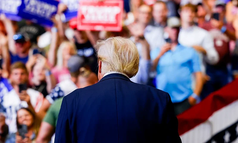 BOZEMAN, MONTANA - AUGUST 09: Republican presidential nominee, former U.S. President Donald Trump walks off the stage after speaking at a rally at the Brick Breeden Fieldhouse at Montana State University on August 9, 2024 in Bozeman, Montana. (Photo by Michael Ciaglo/Getty Images)