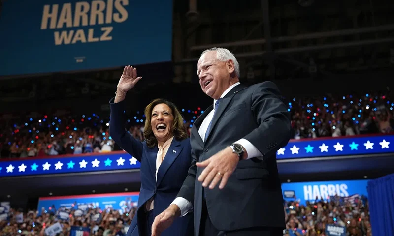PHILADELPHIA, PENNSYLVANIA - AUGUST 6: Democratic presidential candidate, U.S. Vice President Kamala Harris and Democratic vice presidential candidate Minnesota Gov. Tim Walz appear on stage together during a campaign event at Girard College on August 6, 2024 in Philadelphia, Pennsylvania. Harris ended weeks of speculation about who her running mate would be, selecting the 60 year old midwestern governor over other candidates. (Photo by Andrew Harnik/Getty Images)