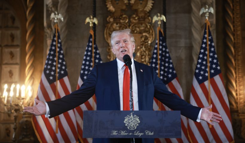 PALM BEACH, FLORIDA - AUGUST 08: Republican presidential candidate former President Donald Trump speaks during a press conference at his Mar-a-Lago estate on August 08, 2024, in Palm Beach, Florida. Polls currently show a close race between Trump and Democratic presidential candidate, U.S. Vice President Kamala Harris. (Photo by Joe Raedle/Getty Images)