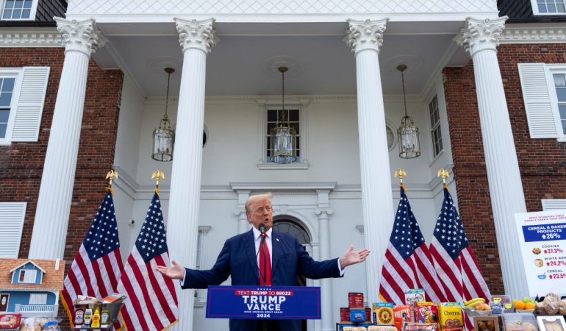 BEDMINSTER, NEW JERSEY - AUGUST 15: Republican presidential candidate, former U.S. President Donald Trump holds a news conference outside the Trump National Golf Club Bedminster on August 15, 2024 in Bedminster, New Jersey. Trump's campaign leaders announced they were expanding his staff as the reelection campaign heads in to its final few months. (Photo by Adam Gray/Getty Images)
