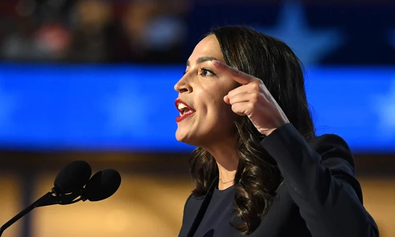 US Representative Alexandria Ocasio-Cortez (D-NY) speaks on the first day of the Democratic National Convention (DNC) at the United Center in Chicago, Illinois, on August 19, 2024. Vice President Kamala Harris will formally accept the party's nomination for president at the DNC which runs from August 19-22 in Chicago. (Photo by ANDREW CABALLERO-REYNOLDS / AFP) (Photo by ANDREW CABALLERO-REYNOLDS/AFP via Getty Images)