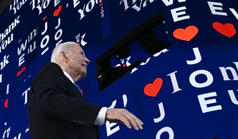 US President Joe Biden walks off stage after speaking on the first day of the Democratic National Convention (DNC) at the United Center in Chicago, Illinois, on August 19, 2024. Vice President Kamala Harris will formally accept the party's nomination for president at the DNC which runs from August 19-22 in Chicago. (Photo by Brendan SMIALOWSKI / AFP) (Photo by BRENDAN SMIALOWSKI/AFP via Getty Images)