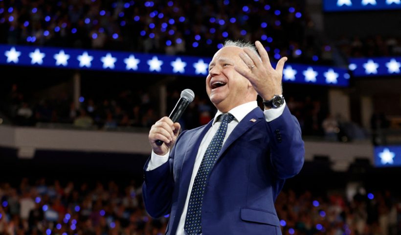 US Vice President and 2024 Democratic presidential candidate Kamala Harris running mate Minnesota Governor Tim Walz speaks at the campaign rally at the Fiserv Forum in Milwaukee, Wisconsin, August 20, 2024. (Photo by KAMIL KRZACZYNSKI / AFP) (Photo by KAMIL KRZACZYNSKI/AFP via Getty Images)