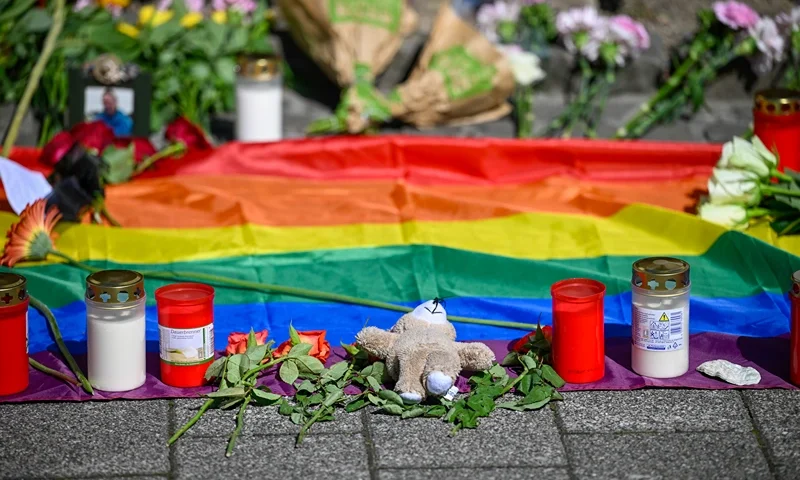 Flowers, candles and tributes are placed close to the site of yesterday's deadly stabbings that left three dead and eight injured on August 24, 2024 in Solingen, Germany. A knife-wielding assailant reportedly stabbed people at random last night at a public celebration to mark the city's 650th anniversary. Police have launched an intense manhunt in pursuit of the assailant, who is still at large. Of the eight people injured, five are in critical condition. (Photo by Sascha Schuermann/Getty Images)