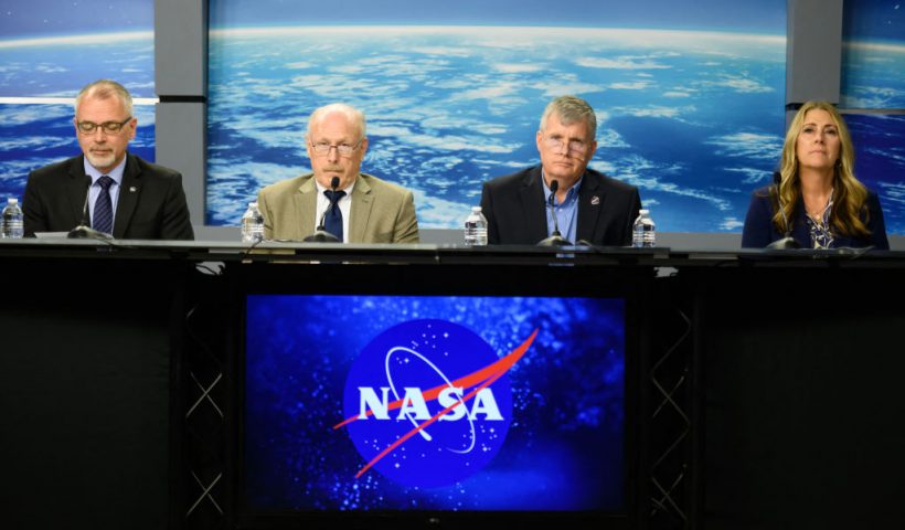 (L-R) NASA Associate Administrator James Free, Associate Administrator Ken Bowersox, Commercial Crew Manager Steve Stich and International Space Station Program Manager Dana Weigel speak during a news conference to discuss plans to return two astronauts who remain stranded at the International Space Station, at Johnson Space Center in Houston, Texas, on August 24, 2024. NASA astronauts Barry "Butch" Wilmore and Sunita "Suni" Williams blasted off for the ISS on the Boeing Starliner on June 5, 2024, and will return home with rival SpaceX, NASA said August 24. "NASA has decided that Butch and Suni will return with Crew-9 next February, and that Starliner will return uncrewed," Nelson told reporters. The return has been delayed by thruster malfunctions of the Boeing spacecraft. (Photo by Mark Felix / AFP) (Photo by MARK FELIX/AFP via Getty Images)