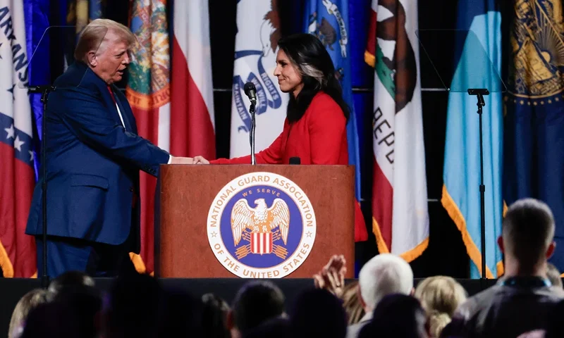 (L-R) Former US President and 2024 Republican presidential candidate Donald Trump shakes hands with former Representative Tulsi Gabbard after she endorsed him at the National Guard Association conference in Detroit, Michigan, on August 26, 2024. (Photo by JEFF KOWALSKY / AFP) (Photo by JEFF KOWALSKY/AFP via Getty Images)