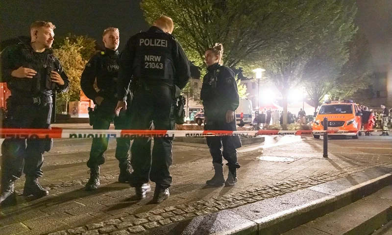 Police officers secure access to the crime scene after the Solingen city festival on August 24, 2024 in Solingen, Germany. German news media reported that multiple people were killed and others wounded by a man stabbing random people during a festival marking the 650th anniversary of the city's founding. (Photo by Andreas Rentz/Getty Images)