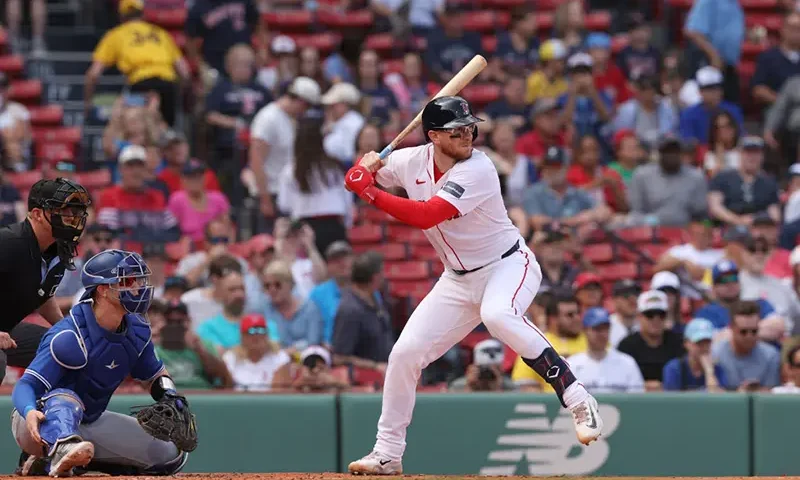 Danny Jansen #28 of the Boston Red Sox at bat during the second inning against the Toronto Blue Jays during game one of a doubleheader at Fenway Park on August 26, 2024 in Boston, Massachusetts. This game is a continuation from June 26. (Photo by Paul Rutherford/Getty Images)