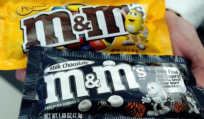 NEW YORK - MARCH 12: M&M's candies in new, redesigned packaging are seen March 12, 2004 in New York City. Masterfoods USA, a unit of Mars Inc., is re-introducing the nation's number-one selling candy with a major advertising campaign, a bolder logo on packaging, and brighter-colored candy shells to induce sales in the flat U.S.chocolate industry. (Photo by Stephen Chernin/Getty Images)