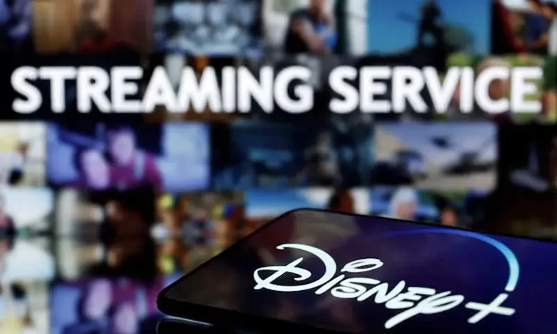 A Smartphone with displayed "Disney" logo is seen in front of displayed "Streaming service" words in this illustration taken March 24, 2020. REUTERS/Dado Ruvic/File Photo