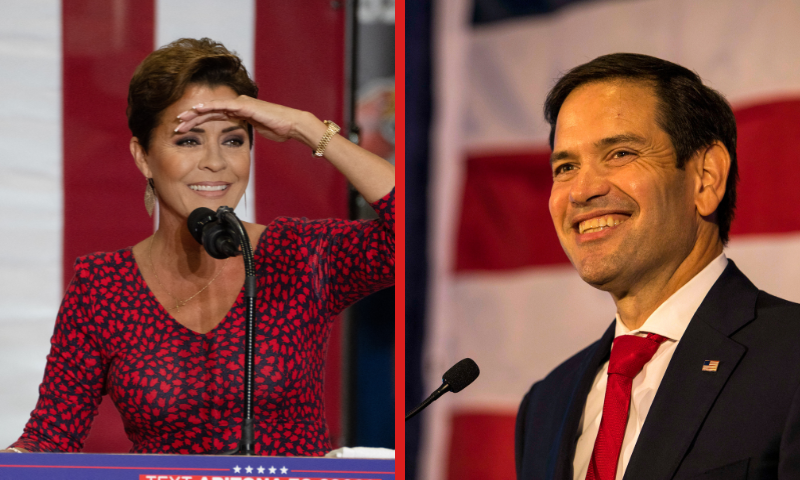 L: US Republican Senate candidate for Arizona Kari Lake addresses the crowd at a rally with US Senator and Republican vice presidential candidate J.D. Vance during a campaign rally at Arizona Christian University Event Center in Glendale, Arizona, on July 31, 2024. (Photo by Laura SEGALL / AFP) (Photo by LAURA SEGALL/AFP via Getty Images) R: U.S. Sen. Marco Rubio (R-FL) speaks to his supporters during an election-night party on November 8, 2022 in Miami, Florida. Rubio is facing a challenge from Rep. Val Demings (D-FL). (Photo by Saul Martinez/Getty Images)