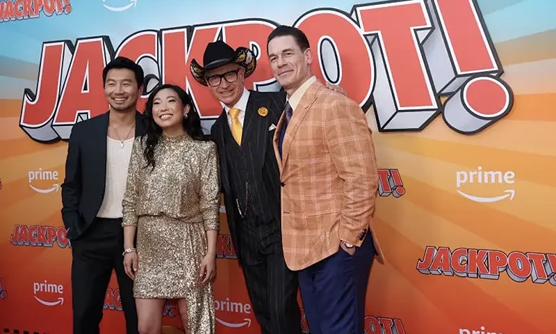 Director Paul Feig, Simu Liu, John Cena and Awkwafina attend a premiere of the film "Jackpot!" at the TCL Chinese Theatre in Los Angeles, California, U.S., August 13, 2024. REUTERS/Mario Anzuoni