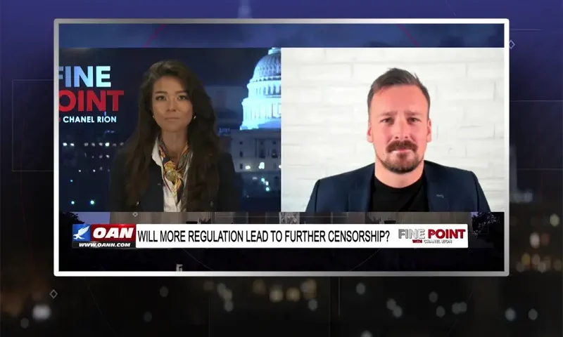 Video still from Fine Point on One America News Network showing a split screen of the host on the left side, and on the right side is the guest, John Matze.