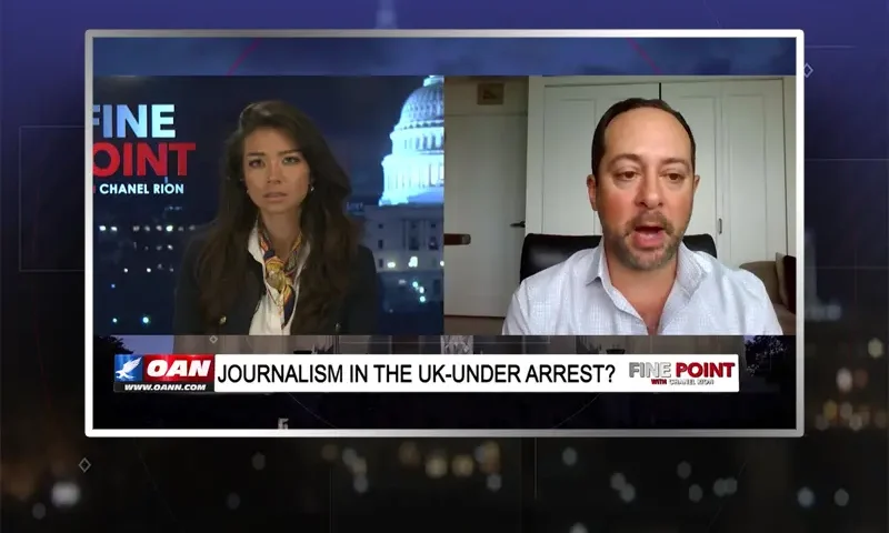 Video still from Fine Point on One America News Network showing a split screen of the host on the left side, and on the right side is the guest, Matt Tyrmand.