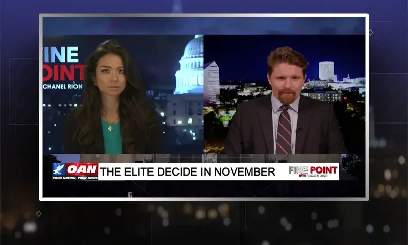 Video still from Fine Point on One America News Network showing a split screen of the host on the left side, and on the right side is the guest, Seamus Bruner.
