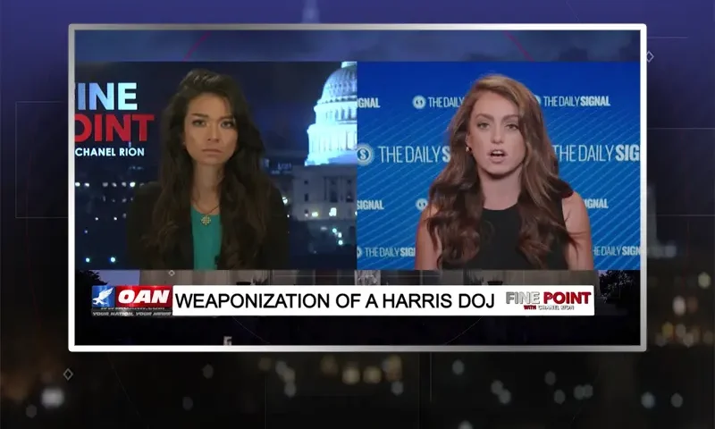 Video still from Fine Point on One America News Network showing a split screen of the host on the left side, and on the right side is the guest, Mary Margaret Olohan.