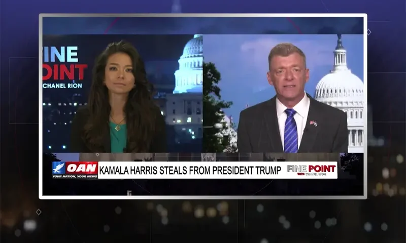 Video still from Fine Point on One America News Network showing a split screen of the host on the left side, and on the right side is the guest, Marc Lotter.