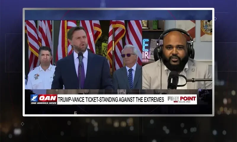 Video still from Fine Point on One America News Network during an interview with the guest, Vish Burra.