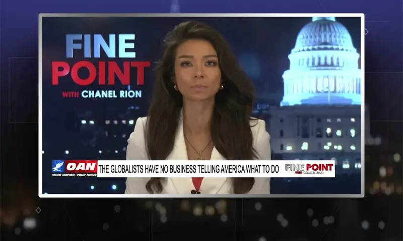 Video still of the host of Fine Point at the desk of their talk show on One America News Network.