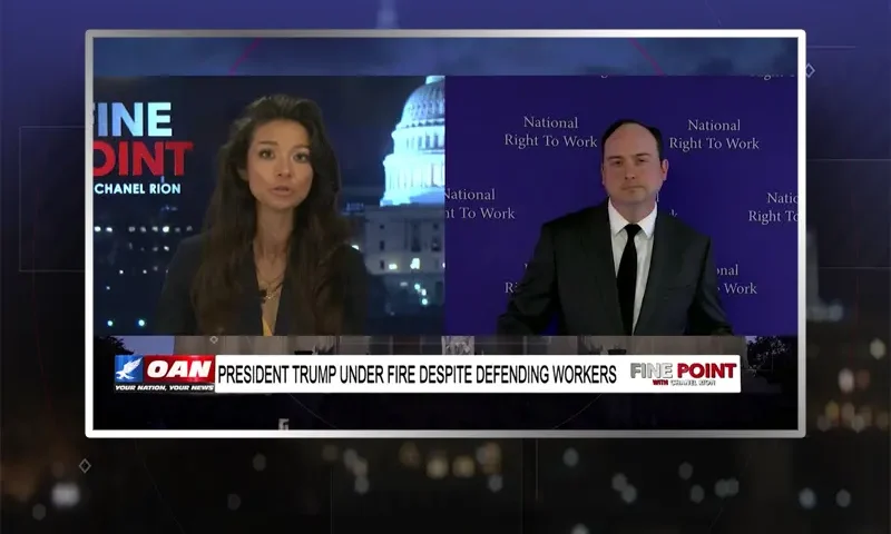 Video still from Fine Point on One America News Network showing a split screen of the host on the left side, and on the right side is the guest, Patrick Semmens.