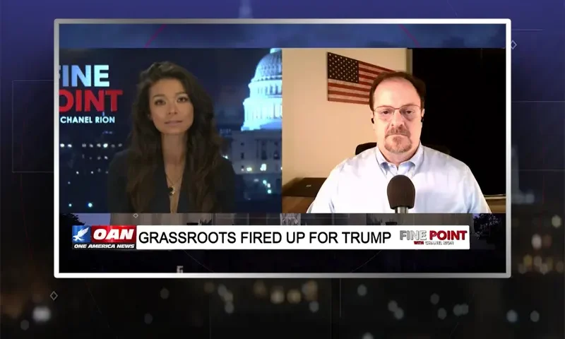 Video still from Fine Point on One America News Network showing a split screen of the host on the left side, and on the right side is the guest, Jim Pfaff.