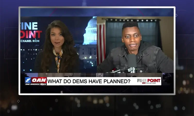 Video still from Fine Point on One America News Network showing a split screen of the host on the left side, and on the right side is the guest, George Behizy.