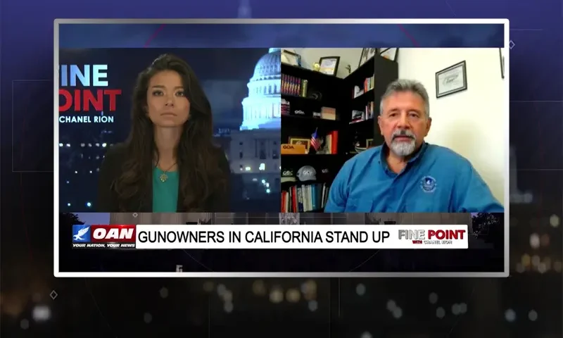 Video still from Fine Point on One America News Network showing a split screen of the host on the left side, and on the right side is the guest, Sam Paredes.