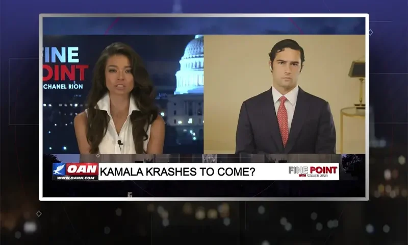 Video still from Fine Point on One America News Network showing a split screen of the host on the left side, and on the right side is the guest, Brandon Gill.