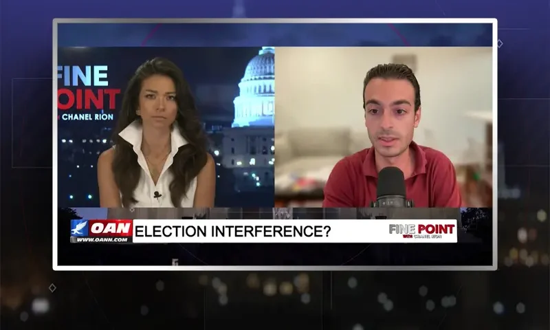 Video still from Fine Point on One America News Network showing a split screen of the host on the left side, and on the right side is the guest, Paul Ingrassia.