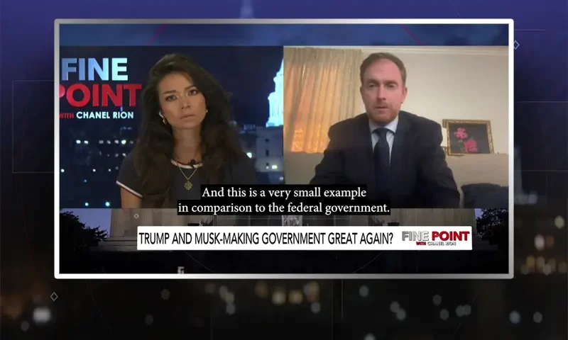 Video still from Fine Point on One America News Network showing a split screen of the host on the left side, and on the right side is the guest, JB McCuskey.