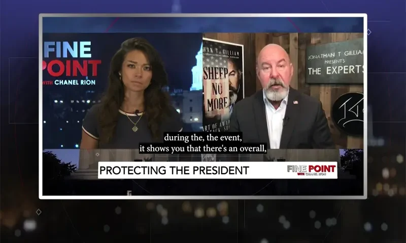 Video still from Fine Point on One America News Network showing a split screen of the host on the left side, and on the right side is the guest, Jonathan T. Gilliam.