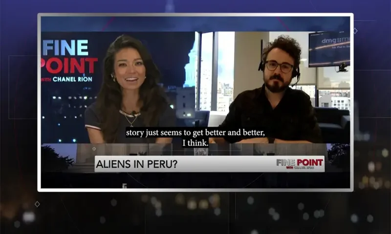 Video still from Fine Point on One America News Network showing a split screen of the host on the left side, and on the right side is the guest, Matthew Phelan.