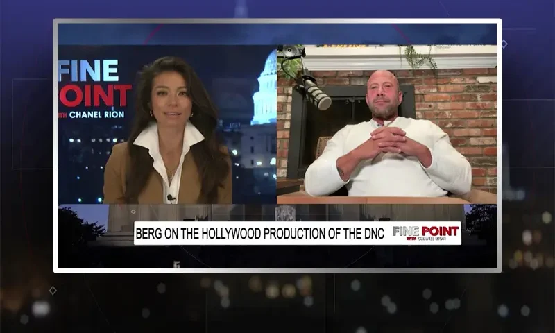 Video still from Fine Point on One America News Network showing a split screen of the host on the left side, and on the right side is the guest, Aaron Berg.