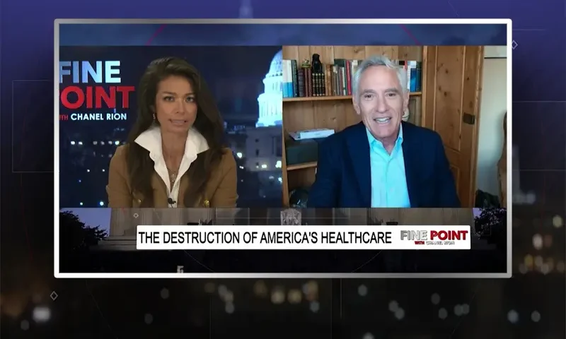 Video still from Fine Point on One America News Network showing a split screen of the host on the left side, and on the right side is the guest, Scott Atlas.