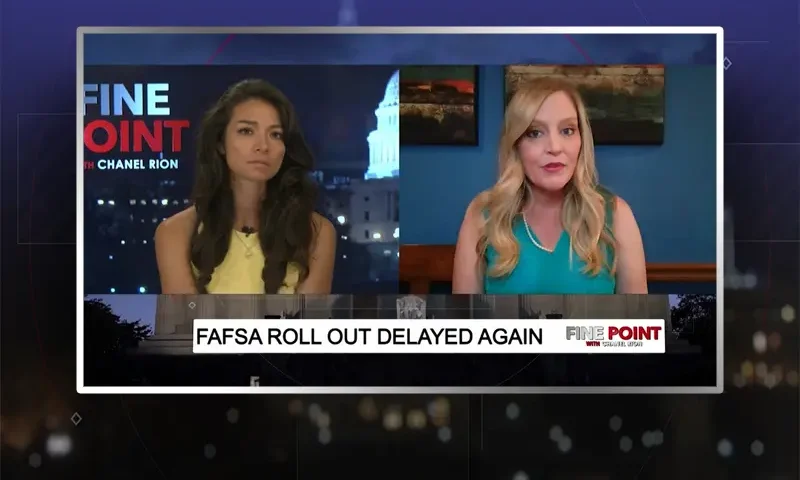 Video still from Fine Point on One America News Network showing a split screen of the host on the left side, and on the right side is the guest, Erin Houchin .
