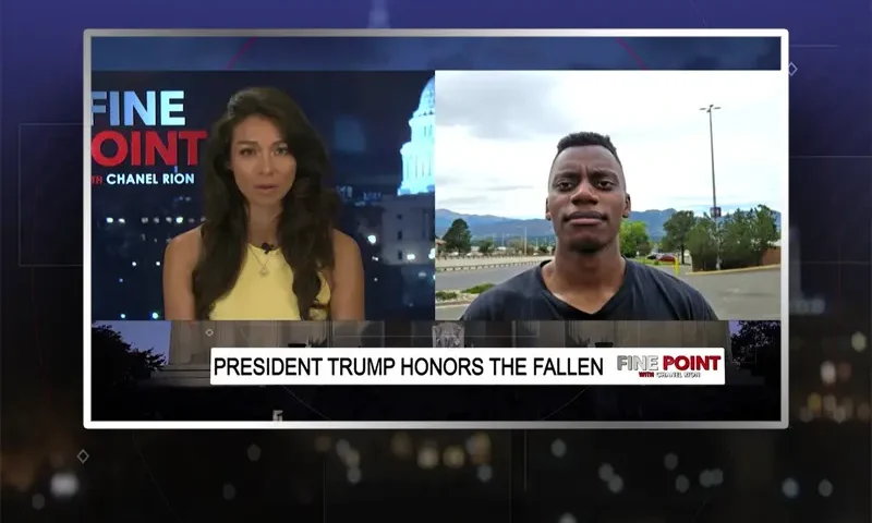 Video still from Fine Point on One America News Network showing a split screen of the host on the left side, and on the right side is the guest, George Behizy.