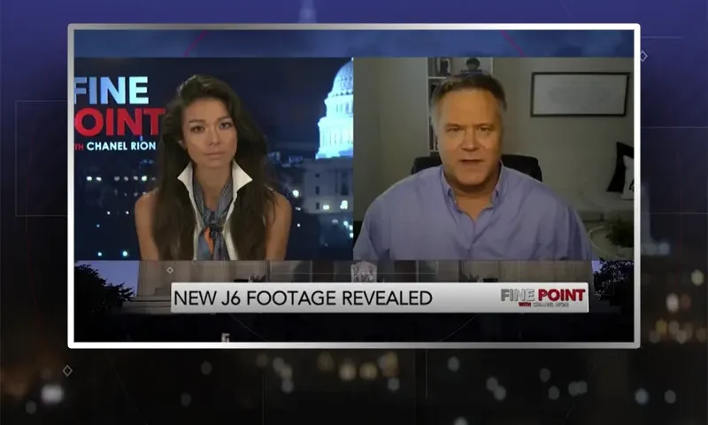 Video still from Fine Point on One America News Network showing a split screen of the host on the left side, and on the right side is the guest, John Pierce.