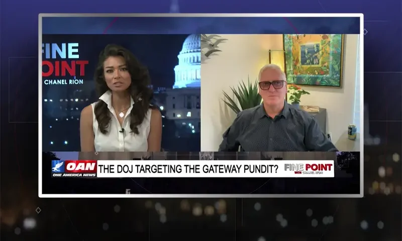 Video still from Fine Point on One America News Network showing a split screen of the host on the left side, and on the right side is the guest, Jim Hoft.