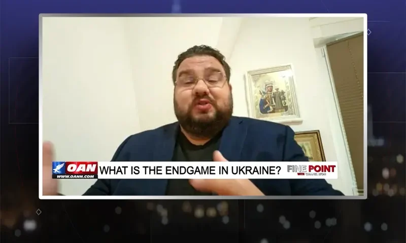 Video still from Fine Point on One America News Network during an interview with the guest, Andrii Telizhenko.