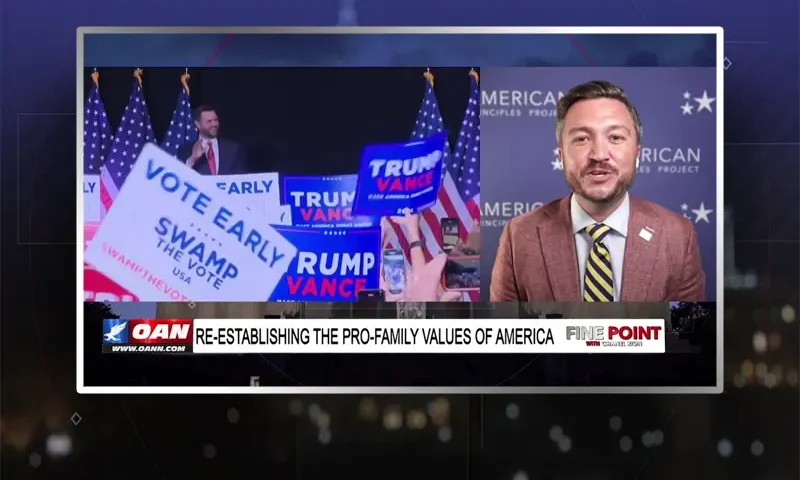 Video still from Fine Point on One America News Network during an interview with the guest, Terry Schilling.
