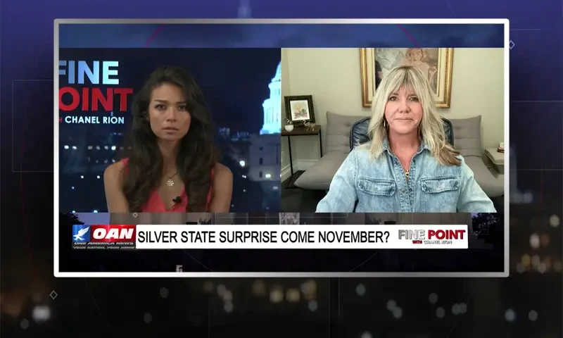 Video still from Fine Point on One America News Network showing a split screen of the host on the left side, and on the right side is the guest, Megan Barth.