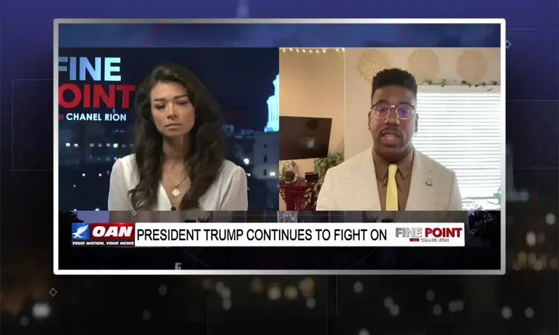 Video still from Fine Point on One America News Network showing a split screen of the host on the left side, and on the right side is the guest, RC Maxwell.