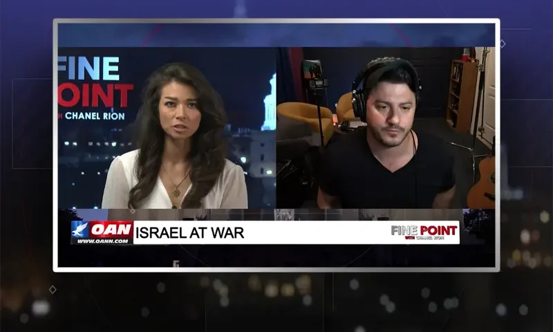 Video still from Fine Point on One America News Network showing a split screen of the host on the left side, and on the right side is the guest, Ami Kozak.