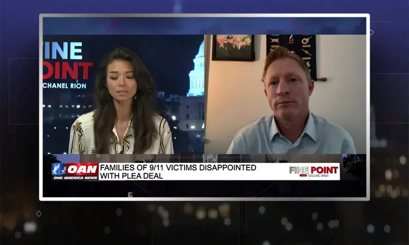 Video still from Fine Point on One America News Network showing a split screen of the host on the left side, and on the right side is the guest, Jim Brosi.