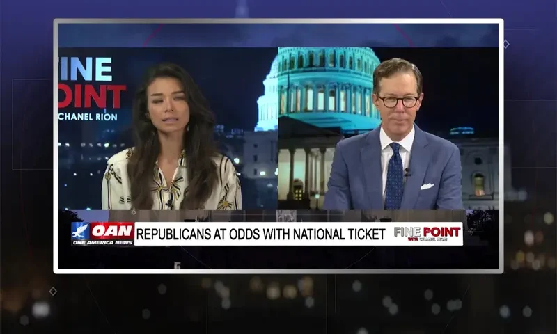 Video still from Fine Point on One America News Network showing a split screen of the host on the left side, and on the right side is the guest, John Hines.